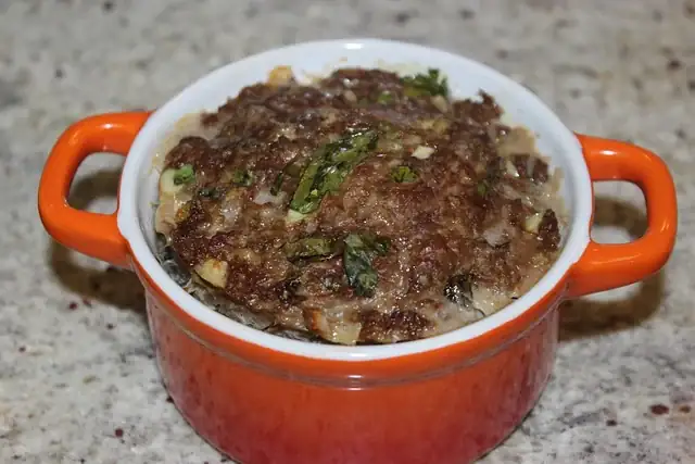 German meatloaf baked in a small crock